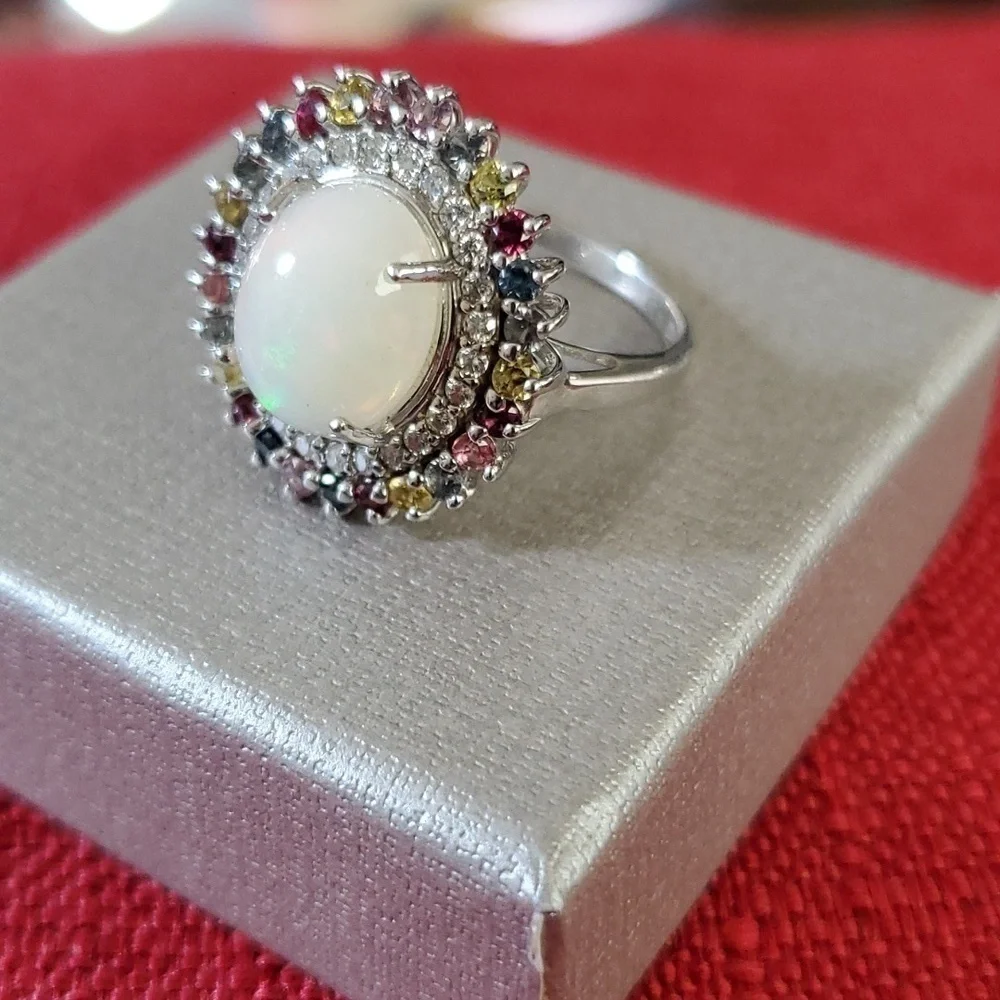 Ethiopian Welo opal, multi Sapphire, & Zircon Halo Cocktail Ring Platinum Plated